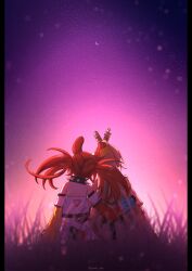 animal_ears arm_around_waist asymmetrical_sleeves brown_capelet brown_cloak brown_hair capelet cloak collar crop_top detached_sleeves feather_hair_ornament feathers field from_behind grass hair_ornament hakos_baelz hakos_baelz_(1st_costume) heads_together highres hololive hololive_english light_particles long_hair mismatched_sleeves mouse_ears mouse_girl multicolored_hair nanashi_mumei nanashi_mumei_(1st_costume) ponytail red_hair ryuuki_arts sitting spiked_collar spikes streaked_hair twilight twintails very_long_hair virtual_youtuber