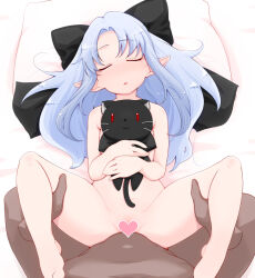 1boy 1girl bed black_bow blue_hair blush bow censored closed_eyes dark-skinned_male dark_skin flat_chest hair_bow heart heart_censor hetero holding holding_stuffed_toy leg_grab len_(tsukihime) long_hair lying m_legs missionary nude on_back on_bed pillow pointy_ears pov sex sleep_molestation sleeping stuffed_animal stuffed_cat stuffed_toy tsukihime vaginal yonekura_hisaki