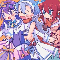 3girls blue_eyes blue_hair blue_headscarf blush bow closed_eyes cowboy_shot deformed dotty-44 dress earrings fingerless_gloves gloves hair_between_eyes hair_bow hair_ornament hairclip headscarf highres hood hoodie jacket jewelry karin_(rune_factory) long_hair long_sleeves midriff multicolored_ribbon multiple_girls navel open_mouth orange_background pointy_ears purple_eyes purple_hair red_hair ribbon rune_factory rune_factory_3 scarf short_hair skirt sleeping sofia_jalapeno_viviage surprised toona wavy_hair zzz