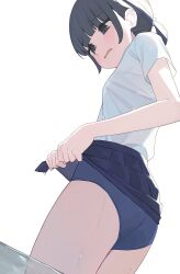 1girl ass black_eyes black_hair blue_skirt highres hiroki_(yyqw7151) open_mouth original shirt simple_background skirt solo white_background white_shirt