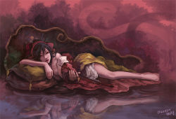 Rule 34 | 1girl, bary, black hair, breasts, dark, drugs, female focus, forest, lying, medium breasts, nature, on side, opium pipe, pillow, red eyes, reflection, snake, solo, water
