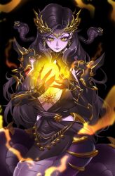 Rule 34 | 1girl, armor, black dress, black hair, breasts, closed mouth, colored extremities, colored skin, dress, earrings, eyelashes, facial mark, gold earrings, highres, holding, indie virtual youtuber, jewelry, lamia, large breasts, lips, long hair, monster girl, purple skin, shoulder armor, snake, solo, uguubear, vexoria the sun eater, virtual youtuber, yellow eyes