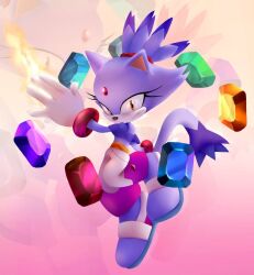 1girl animal_ears animal_nose bare_shoulders blaze_the_cat bracelet cat_ears cat_girl cat_tail chaosc0ntr0l eyelashes fire forehead_jewel furry furry_female gem jewelry looking_at_viewer pants ponytail purple_fur purple_shirt purple_shoes pyrokinesis red_gemstone shirt shoes sol_emerald sonic_(series) tail white_pants yellow_eyes zoom_layer