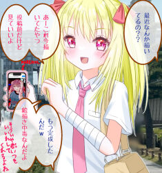Rule 34 | 1girl, arisuuuuu.1436, bag, bandaged arm, bandages, blonde hair, blush, cellphone, collared shirt, ibispaint (medium), long hair, mimi(arisuuuuu1436), necktie, open mouth, original, phone, photo background, pink eyes, pink necktie, pink skirt, shirt, skirt, smartphone, speech bubble, summer, thought bubble, two side up, white shirt
