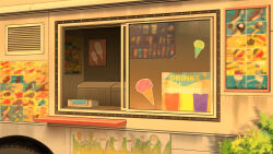 blurry_edges bush cash_register day display food food_truck highres ice_cream no_humans non-web_source official_art open_window our_life:_beginnings_and_always outdoors poster_(object) refrigerator scenery vent_(object) window