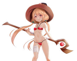 Rule 34 | 1girl, bandaged leg, bandages, bikini, black hat, blush, breasts, brown eyes, brown hair, closed mouth, commentary request, cosplay, female focus, floating hair, futaba anzu, gluteal fold, hair ornament, hat, highres, holding, holding staff, idolmaster, idolmaster cinderella girls, kono subarashii sekai ni shukufuku wo!, long hair, looking at viewer, low twintails, megumin, megumin (cosplay), navel, o-ring, o-ring bikini, o-ring top, red bikini, small breasts, smile, solo, staff, swimsuit, taka (takahirokun), twintails, v-shaped eyebrows, very long hair, witch hat