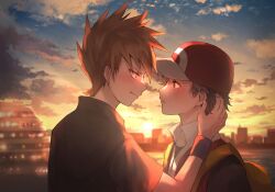 2boys absurdres backpack bag black_hair blue_oak blush boat brown_eyes building cloud cloudy_sky collared_shirt creatures_(company) dusk game_freak hat highres holding holding_own_hair imminent_kiss looking_at_another male_focus multiple_boys nintendo orange_eyes orange_hair pokemon pokemon_frlg red_(pokemon) river shirt shiruko_(s1ruko) short_hair sky sunset watercraft wristband yaoi