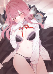 1girl aru_(blue_archive) bed_sheet between_legs black_bra black_coat black_panties blue_archive blunt_bangs blush bra breasts coat gloves halo hand_between_legs hand_in_mouth heavy_breathing highres hinamori_(18ar0) horns linea_alba lingerie long_hair long_sleeves looking_to_the_side lying navel neck_ribbon nervous on_back open_bra open_clothes open_shirt panties pink_hair raised_eyebrows red_ribbon ribbon shirt solo stomach sweat thighs underwear white_gloves white_shirt yellow_eyes