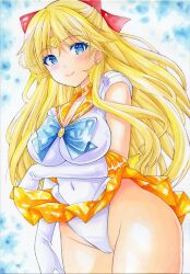 Rule 34 | 1girl, aino minako, arm under breasts, bishoujo senshi sailor moon, blue bow, blue bowtie, blush, bodysuit, bow, bowtie, breasts, choker, cleavage, closed mouth, clothes lift, collarbone, commentary request, cowboy shot, earrings, elbow gloves, gloves, highleg, inner senshi, jewelry, large breasts, lifting own clothes, looking at viewer, nightmare77zx, painting (medium), panties, pantyshot, sailor venus, short sleeves, skirt, skirt lift, smile, solo, stud earrings, thighs, traditional media, underwear, watercolor (medium), watercolor pencil (medium), white bodysuit, white gloves, white panties