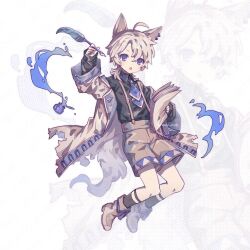 1boy :o ahoge animal_ear_fluff animal_ears arm_up ascot black_shirt black_socks blue_ascot boots brooch brown_boots brown_coat brown_shorts coat collared_shirt commentary earrings english_commentary floating full_body grey_hair hair_between_eyes halftone halftone_background holding holding_paper holding_quill inkwell jewelry light_blush long_sleeves male_focus medium_hair neoki_ohae open_clothes open_coat open_mouth original paper purple_eyes quill shirt short_hair shorts socks solo suspender_shorts suspenders tail twitter_username watermark wolf_boy wolf_ears wolf_tail zoom_layer