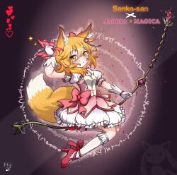 1girl alternate_costume animal_ear_fluff animal_ears blonde_hair blush bow cosplay dress fox_ears fox_girl fox_tail from_side gloves hair_between_eyes hellkids2 high_heels highres holding holding_staff kaname_madoka kaname_madoka_(cosplay) long_hair looking_at_viewer mahou_shoujo_madoka_magica mahou_shoujo_madoka_magica_(anime) multicolored_dress open_mouth orange_hair pink_bow pink_dress red_shoes senko_(sewayaki_kitsune_no_senko-san) sewayaki_kitsune_no_senko-san shoes short_sleeves sidelocks solo staff tail white_gloves yellow_eyes