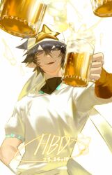 1boy absurdres alcohol aotu_world asymmetrical_gloves bandana beer beer_mug bishounen black_hair black_shirt brown_gloves cup dated english_text fang fingerless_gloves gloves hair_between_eyes hand_on_own_hip happy_birthday headband highres holding holding_cup hood hoodie looking_at_viewer male_focus mug one_eye_closed open_mouth pointy_ears purple_eyes ray_(aotu_world) shirt short_hair short_sleeves signature simple_background smile solo star_(symbol) star_print teeth toasting_(gesture) turtleneck upper_body waterrice11 white_background white_gloves white_headband white_hoodie