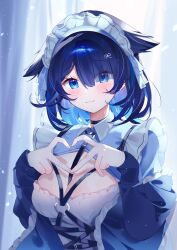 1girl :3 absurdres animal_ear_fluff animal_ears apron between_breasts blue_dress blue_eyes blue_hair blush breasts cat_ears cat_girl chest_harness cleavage collared_dress colored_inner_hair commentary curtains dress duchi0356 english_commentary eyes_visible_through_hair four-finger_heart_hands frilled_dress frilled_hairband frills hair_between_eyes hair_ornament hairband hands_up harness heart heart_hands heart_o-ring highres indoors light_particles long_sleeves looking_at_viewer maid maid_apron maid_headdress medium_breasts multicolored_hair o-ring original short_hair smile solo upper_body