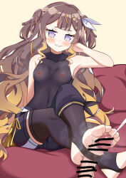 1girl absurdres anya_melfissa asymmetrical_clothes black_leotard black_pants black_thighhighs blonde_hair blunt_bangs brown_hair censored covered_navel crossed_ankles cum disembodied_penis ejaculation feet foot_focus foot_out_of_frame footjob gradient_hair hair_ribbon head_rest highres hololive hololive_idol_uniform_(color_rise) hololive_indonesia kris_hair_ornament leotard light_blush long_hair multicolored_hair no_shoes pants penis penis_in_thighhigh projectile_cum purple_eyes ribbon scribble_censor second-party_source see-through_clothes see-through_leotard shirt short_eyebrows single_pantsleg sitting smell smirk steaming_body streaked_hair sweat thighhighs toeless_legwear unworn_shirt very_long_hair virtual_youtuber wavy_hair white_ribbon yellow_background zedxxx