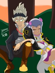1boy 1girl artist_name asta_(black_clover) black_clover breasts cleavage highres instagram_logo instagram_username leaning_on_person noelle_silva outdoors poorly_drawn ribbon sitting sleeping smile thighs tree twintails twitter_username twitter_x_logo