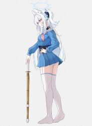 1girl animal_ear_hairband animal_ears ass bandaid bandaid_on_face black_bodysuit blue_archive blue_bow blue_shirt blue_skirt bodysuit bow clov3r fake_animal_ears hair_between_eyes hair_bow hair_ribbon hairband hand_on_own_hip highres holding holding_sword holding_weapon long_hair looking_ahead miniskirt miyako_(blue_archive) one_side_up panties pink_ribbon rabbit_ear_hairband rabbit_ears ribbon sailor_collar shinai shirt sidelocks skirt sword thighhighs underwear weapon white_hair white_hairband white_panties white_sailor_collar white_thighhighs