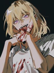 1girl absurdres akmizuk bang_dream! bang_dream!_it&#039;s_mygo!!!!! blonde_hair blood blood_on_clothes blood_on_face blood_on_hands highres medium_hair misumi_uika open_mouth purple_eyes shirt short_sleeves solo teeth tongue tongue_out upper_body upper_teeth_only white_shirt