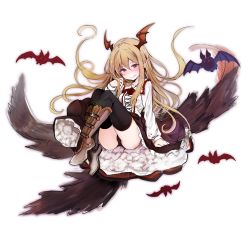 1girl absurdres bat_(animal) bat_wings black_legwear black_panties black_skirt blonde_hair blush boots breasts collared_shirt fang female_focus frilled_skirt frills granblue_fantasy hair_between_eyes head_wings highres knee_boots long_hair long_sleeves looking_at_viewer panties pointy_ears red_eyes red_wings shadowverse shingeki_no_bahamut shirt simple_background skirt small_breasts solo sweat tatsuhiko underwear vampire vampy white_background white_shirt wings