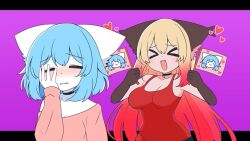 &gt;_&lt; animal_ear_fluff animal_ears blush bob_cut breasts collar crescent_moon embarrassed facepalm fang fang_out flag fox_ears fox_girl furrowed_brow gradient_hair heart highres large_breasts long_sleeves luna_(wolfychu) moon multicolored_fur multicolored_hair multiple_girls pink_shirt purple_background red_shirt shirt short_hair smile tank_top wavy_mouth wolf_ears wolf_girl wolfychu wolfychu_(artist)
