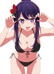 Rule 34 | 1girl, bikini, black bikini, breasts, flower, front-tie bikini top, front-tie top, hair flower, hair ornament, highres, hoshino ai, kusana (kusana47454281), looking at viewer, medium breasts, navel, oshi no ko, purple eyes, purple hair, side-tie bikini bottom, simple background, solo, swimsuit, symbol-shaped pupils, takahashi rie, thighs, tongue, tongue out, voice actor connection, white background