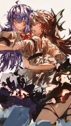 Rule 34 | 2girls, absurdres, blue eyes, blue hair, blue skirt, blush, bow, bowtie, brown hair, closed mouth, green bow, green skirt, hair between eyes, highres, hinanawi tenshi, hug, legs, long hair, looking at another, multiple girls, no headwear, open mouth, po (anhk5528), red bow, red bowtie, reiuji utsuho, shirt, short sleeves, skirt, thighs, touhou, white background, white shirt