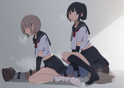 1boy 2girls age_difference black_hair black_skirt black_socks blue_sailor_collar blue_shirt blush brown_eyes brown_hair clothed_sex ekko_(pixiv55368152) femdom girl_on_top implied_sex mole mole_under_eye motion_lines multiple_girls necktie onee-shota open_mouth original pleated_skirt ponytail rape red_necktie restrained reverse_cowgirl_position sailor_collar school_uniform serafuku sex shirt short_hair sitting sitting_on_face sitting_on_person skirt socks steaming_body straddling white_shirt white_socks