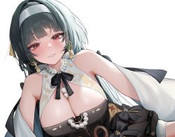 1girl absurdres astra_yao black_hair blunt_bangs breasts cleavage cowboy_shot earrings highres jewelry large_breasts long_hair looking_at_viewer mh111026 necklace parted_lips pearl_necklace red_eyes sidelocks simple_background small_sweatdrop smile solo white_background zenless_zone_zero