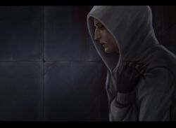1boy bags_under_eyes black_eyes black_gloves cellar_art clawing clothes_grab cry_of_fear empty_eyes fingerless_gloves from_side gloves grey_hoodie highres hood hood_up hoodie letterboxed simon_henriksson solo tile_wall tiles