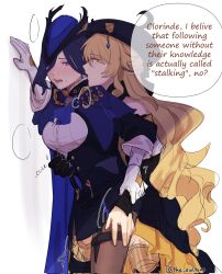 2girls blonde_hair blue_hair blush clorinde_(genshin_impact) drooling english_text genshin_impact hand_on_another&#039;s_thigh hat highres long_hair multiple_girls navia_(genshin_impact) parted_lips purple_eyes teeth the_eviltom tongue twitter_username typo upper_teeth_only yuri