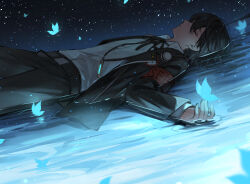 Rule 34 | 1boy, armband, black jacket, black pants, black ribbon, blue background, blue butterfly, blue hair, bug, butterfly, closed eyes, commentary request, gekkoukan high school uniform, insect, jacket, kenko (hjlahh), light particles, lying, neck ribbon, on back, pants, persona, persona 3, red armband, ribbon, school uniform, shirt, solo, sparkle, water, white shirt, yuuki makoto (persona 3)
