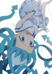 1girl adjusting_clothes air_bubble aqua_hair blue_eyes bracelet breasts bubble collarbone dress foreshortening hat highres ikamusume inuta_ken jewelry knees_together_feet_apart long_hair open_mouth shinryaku!_ikamusume simple_background skirt_hold sleeveless sleeveless_dress small_breasts solo tearing_up tears upside-down white_background white_dress white_hat