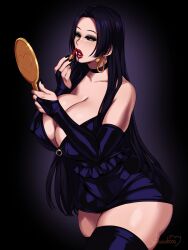 1girl absurdres applying_makeup black_dress black_hair boa_hancock breasts bridal_gauntlets cleavage cosmetics cropped_legs dress earrings elbow_gloves eyeshadow gloves hand_mirror highres huge_breasts jewelry lipstick_tube long_hair makeup mirror one_piece red_lips snake_earrings solo standing succuboos very_long_hair