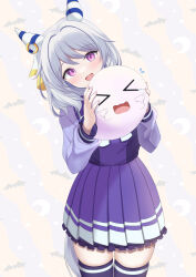 &gt;_&lt; 1girl absurdres alternate_eye_color animal_ears animal_print bat_background bat_print blush bow commentary_request cowboy_shot crying ear_covers ear_ornament ghost grey_hair hair_ornament highres hishi_miracle_(umamusume) holding horse_ears horse_girl looking_at_viewer medium_hair open_mouth petticoat pleated_skirt purple_eyes purple_serafuku purple_shirt purple_skirt purple_thighhighs sailor_collar school_uniform serafuku shia0016 shirt simple_background skindentation skirt solo thighhighs tracen_school_uniform umamusume white_background white_bow winter_uniform