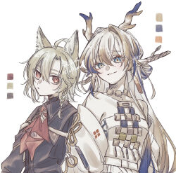Rule 34 | 1boy, 1girl, ahoge, arknights, ascot, bare shoulders, bassline (arknights), black shirt, blonde hair, blue eyes, blue hair, braid, brown hair, chinese commentary, closed mouth, collarbone, color guide, commentary, dragon girl, dragon horns, earrings, hair between eyes, hair intakes, highres, horns, jewelry, kyo (yoshina), long hair, looking at viewer, multicolored hair, necklace, off shoulder, parted lips, pointy ears, red ascot, red eyes, shirt, short hair, shu (arknights), signature, simple background, smile, strapless, tube top, upper body, watermark, white background, white hair, white tube top