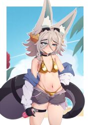Rule 34 | 1boy, absurdres, animal ear fluff, animal ears, armpits, beach, bikini, blue eyes, blue sky, candy, claws, cloud, cloudy sky, colored skin, dragon, dragon boy, dragon horns, dragon tail, eastern dragon horns, eastern dragon tail, energy drink, fins, fish tail, food, fox ears, girly boy, gold bikini, grey hair, half-closed eyes, highres, horns, jacket, large ears, large tail, lollipop, long hair, loose bikini, male focus, monster boy, nade arts, ocean, outdoors, palm tree, partially undressed, pointy ears, sand, shark tail, shorts, sky, solo, solo focus, sunglasses, swimsuit, tail, thick thighs, thigh strap, thighs, tree, unbuttoned, very long ears, water, waves, wide hips, zaphy (nade arts)