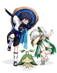 Rule 34 | 1boy, 1girl, absurdres, anklet, aranara (genshin impact), armlet, armor, arms up, belt, black belt, black bow, black bridal gauntlets, black leggings, black sandals, black shorts, bloomers, blue cape, blue gemstone, blue hat, blue kimono, blunt ends, bow, bracelet, bridal gauntlets, cape, closed eyes, dab (dance), detached sleeves, dress, facing down, feathers, foot up, full body, furisode, gem, genshin impact, gold, gold trim, green cape, green sleeves, hair ornament, hat, hat on back, highres, japanese armor, japanese clothes, jewelry, jingasa, jrpulse, juban, kimono, knee up, kote, kurokote, leaf, leaf hair ornament, leg warmers, leggings, long hair, nahida (genshin impact), open clothes, open hands, open kimono, purple sash, sandals, sash, scaramouche (genshin impact), shadow, shorts, side ponytail, sidelocks, socks, stirrup footwear, tassel, twitter username, underwear, wanderer (genshin impact), white background, white bloomers, white dress, white hair, white kimono, white leg warmers, white socks, wispy bangs, yellow feathers, zouri