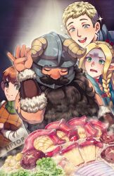 1girl 3boys beard chilchuck_tims disgust dungeon_meshi dwarf elf facial_hair fake_horns food helmet highres horned_helmet horns laios_touden long_beard male_focus marcille_donato meme multiple_boys mustache pointy_ears salt_bae_(meme) senshi_(dungeon_meshi) smile sparkle sparkling_aura spotlight sprinkling steaming_food tanukiteatime thick_mustache turn_pale very_long_beard wok