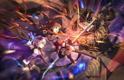 belt brown_hair building fighting fingerless_gloves fire flower game_cg gloves green_eyes grey_hair hair_flower hair_ornament hamaguchi_ayame holding holding_weapon horns idolmaster idolmaster_cinderella_girls idolmaster_cinderella_girls_starlight_stage japanese_clothes katana magic nail_polish official_art open_mouth ponytail shiomi_syuko skirt stirrup_legwear sword toeless_legwear toes tree weapon wooden_ceiling