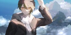 Rule 34 | 1boy, absurdres, arm up, beanie, black hat, black jacket, blue sky, closed mouth, cloud, collarbone, commentary request, day, drawstring, eve (meltdown), green hair, hair between eyes, hat, highres, honkai (series), honkai impact 3rd, hood, hood down, hoodie, jacket, kosma, long sleeves, looking at viewer, male focus, mountain, open clothes, open jacket, orange hair, outdoors, roman numeral, sky, solo, upper body, white hoodie