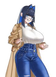 Rule 34 | 1girl, absurdres, baitoubaozou, black hair, blue eyes, blue hair, blue pants, blunt bangs, blunt sidelocks, blush, breasts, brown coat, coat, colored inner hair, commentary, cowboy shot, denim, ear piercing, glasses, hair intakes, high-waist pants, highres, hololive, hololive english, jeans, large breasts, long hair, long sleeves, looking at viewer, multicolored hair, official alternate costume, official alternate hair length, official alternate hairstyle, ouro kronii, ouro kronii (casual), pants, piercing, shirt, shirt tucked in, sidelocks, simple background, smile, solo, torn clothes, torn pants, trench coat, turtleneck, turtleneck shirt, virtual youtuber, white background, white shirt