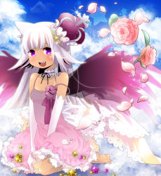 1girl angel_wings animal_ears blush cat_ears cat_girl character_request choker cloud crown day dress fang female_focus flower full_body gem highres hime_cut kneeling long_hair moonyan open_mouth original outdoors petals purple_crown purple_eyes rose rose_petals sky solo strap_slip white_hair wings