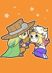 absurdres beanie beard blonde_hair blue_eyes bridal_gauntlets brown_pants cape chibi chibi_only commentary cowboy_hat facial_hair goggles goggles_on_headwear green_cape green_eyes gyro_zeppeli hat highres holding holding_map hood hood_down hoodie horseshoe_hat_ornament horseshoe_ornament johnny_joestar jojo_no_kimyou_na_bouken kneeling long_hair looking_at_another m_a_a_m_8 map medium_hair orange_sleeves pants purple_bridal_gauntlets purple_shirt red_sleeves shirt spurs star_(symbol) star_print steel_ball_run symbol-only_commentary two-tone_sleeves white_hat white_hoodie white_sleeves wristband