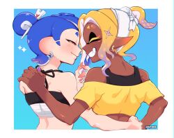 2girls blonde_hair blue_hair chest_sarashi closed_eyes colored_extremities colored_eyelashes crop_top cropped_shirt dark-skinned_female dark_skin earrings engram66 fang fish_hook_earrings from_behind frye_(splatoon) frye_(splatoon_raiders) gradient_hair hand_on_another&#039;s_shoulder hand_on_another&#039;s_waist highres inkling jewelry multicolored_hair multiple_girls nintendo octoling outside_border pointy_ears red_eyes sarashi shirt shiver_(splatoon) shiver_(splatoon_raiders) short_eyebrows smile splatoon_(series) splatoon_raiders tentacle_hair yellow_shirt