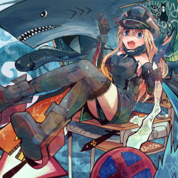 10s 1girl bare_shoulders bismarck_(kancolle) blonde_hair blue_eyes boots breasts cat chair desk detached_sleeves eel egg gloves grey_thighhighs hat highres itomugi-kun kantai_collection large_breasts long_hair military military_hat military_uniform no_stopping_sign on_desk open_mouth peaked_cap road_sign school_chair school_desk shark sign sitting stop_sign sword tagme thighhighs unsinkable_sam warning_sign weapon