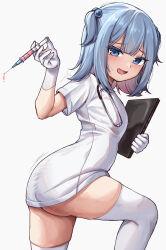 1girl alternate_costume arm_up ass blue_eyes blue_hair book bottomless colored_inner_hair commentary feet_out_of_frame from_side gloves hair_bobbles hair_ornament highres holding holding_book holding_syringe ice_cream_(aisu_aisu_9898) indie_virtual_youtuber kanzarin_(vtuber) leg_up looking_at_viewer multicolored_hair nurse open_mouth pink_hair shirt short_hair short_sleeves simple_background smile solo stethoscope_around_neck symbol-only_commentary syringe thighhighs two-tone_hair two_side_up virtual_youtuber white_background white_gloves white_shirt white_thighhighs