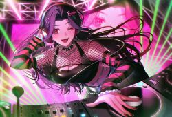 1girl :d black_hair blush breasts cleavage collar crop_top detached_sleeves dj fingernails fishnet_top fishnets hair_ornament hairclip hand_on_headphones headphones highres jewelry large_breasts long_hair looking_at_viewer midriff mixing_console mole mole_on_breast mole_under_eye nail_polish necklace nightclub nijisanji nijisanji_en one_eye_closed open_mouth phonograph pleated_skirt red_eyes red_nails riz3 scarle_yonaguni second-party_source skirt smile solo spiked_collar spikes tank_top turntable virtual_youtuber