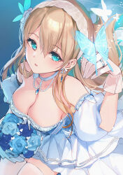 1girl bison_cangshu blonde_hair blue_eyes blue_flower blue_rose bouquet breasts bug butterfly choker cleavage dress earrings flower gloves hair_between_eyes highres insect jewelry large_breasts lexington_(cv-16)_(beloved)_(warship_girls_r) lexington_(cv-16)_(warship_girls_r) long_hair official_alternate_costume ring rose satin_dress see-through_clothes see-through_gloves solo strapless strapless_dress thighhighs warship_girls_r wedding_dress white_butterfly white_choker white_dress white_thighhighs score:1 rating:sensitive Rule 34 | 1girl, bison cangshu, blonde hair, blue eyes, blue flower, blue rose, bouquet, breasts, bug, butterfly, choker, cleavage, dress, earrings, flower, gloves, hair between eyes, highres, insect, jewelry, large breasts, lexington (cv-16) (beloved) (warship girls r), lexington (cv-16) (warship girls r), long hair, official alternate costume, ring, rose, satin dress, see-through clothes, see-through gloves, solo, strapless, strapless dress, thighhighs, warship girls r, wedding dress, white butterfly, white choker, white dress, white thighhighs
