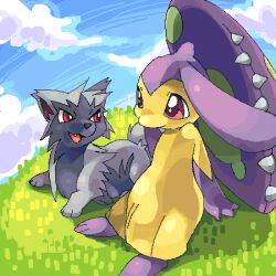 Rule 34 | arm support, blue sky, choko (sweetpocket), cloud, cloudy sky, commentary request, creature, creature focus, day, dog, full body, gen 1 pokemon, gen 3 pokemon, growlithe, looking at another, lowres, lying, mawile, nintendo, no humans, on grass, on stomach, open mouth, outdoors, pokemon, pokemon (creature), red eyes, sitting, sky, smile