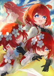 4girls absurdres ancient_greek_clothes angel_wings black_gloves blue_eyes blue_sky commentary_request cross-shaped_pupils dress eye_mask flower gloves greco-roman_clothes hair_flower hair_ornament head_wreath highres holding holding_letter honkai:_star_rail honkai_(series) letter long_hair multiple_girls open_mouth pointy_ears red_hair short_hair sky smile symbol-shaped_pupils trianne_(honkai:_star_rail) tribbie_(honkai:_star_rail) tribios_(honkai:_star_rail) trinnon_(honkai:_star_rail) triplets very_long_hair white_dress wings yonemasakouta
