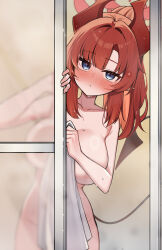 1girl absurdres black_tail blue_archive blue_eyes blush breasts closed_mouth collarbone commentary completely_nude groin halo highres holding holding_towel horns korean_commentary large_breasts long_hair megu_(blue_archive) nude pointy_ears red_hair red_halo red_horns solo thighs towel upturned_eyes wet wet_hair window ziro_(zirorong)